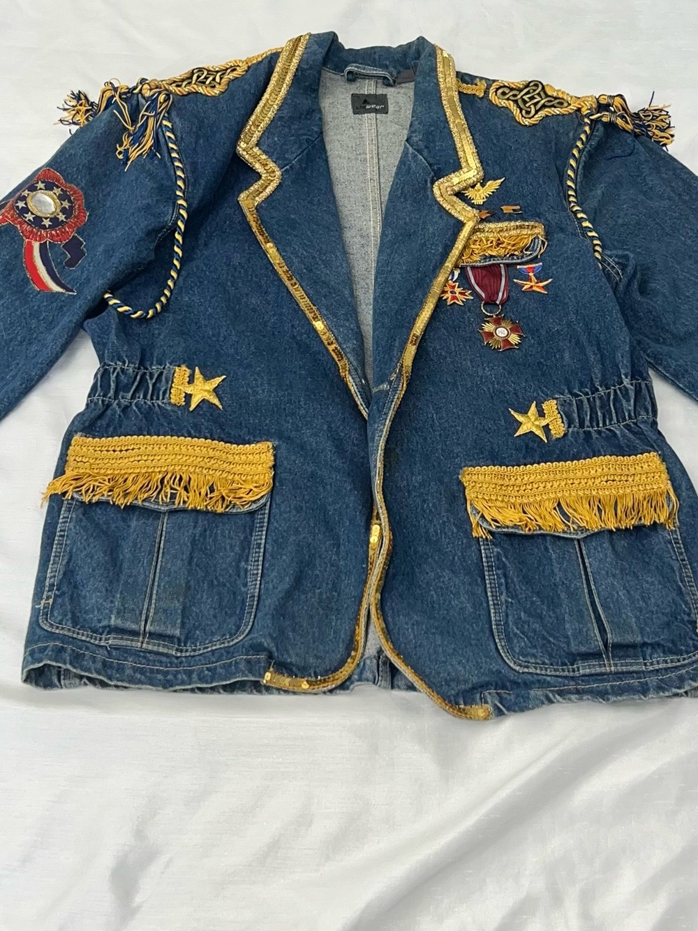 Vintage -Liawear Blue Button-Front Mid-Length Jacket, Gold Trim, Stars, Size L
